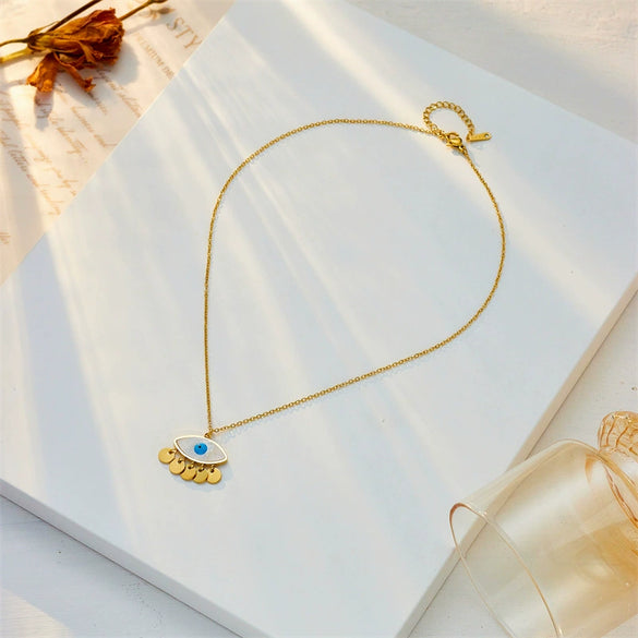 Necklace Stainless Steel Chain With Titanium Steel Blue Eye Oval Disc Tassel Pendant Electroplating Design For Women