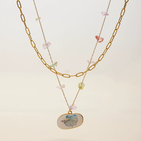 Necklace Stainless Steel Colored Gravel Rhombus Electroplating Women's Light Luxury Fresh Style