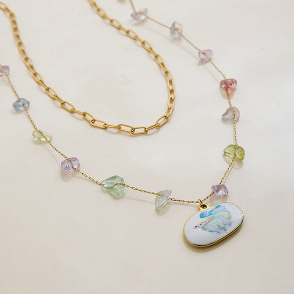 Necklace Stainless Steel Colored Gravel Rhombus Electroplating Women's Light Luxury Fresh Style