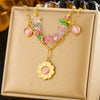 Necklace Stainless Steel Colorful Transparent Irregular Gravel Beaded Flower Chain Stacked Doublelayer Electroplating