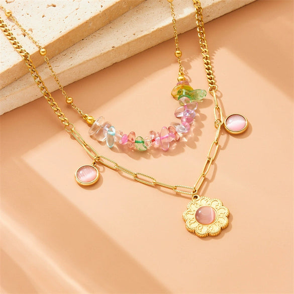 Necklace Stainless Steel Colorful Transparent Irregular Gravel Beaded Flower Chain Stacked Doublelayer Electroplating
