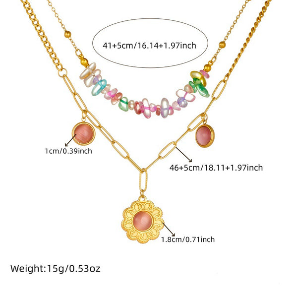 Necklace Stainless Steel Colorful Transparent Irregular Gravel Beaded Flower Chain Stacked Doublelayer Electroplating
