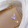 Necklace Stainless Steel Copper Blue Butterfly Pearl Full Diamond Geometric Cartoon Style