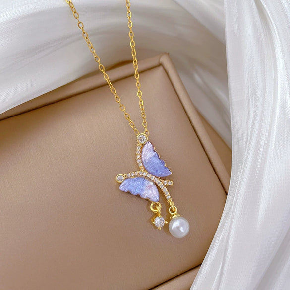 Necklace Stainless Steel Copper Blue Butterfly Pearl Full Diamond Geometric Cartoon Style