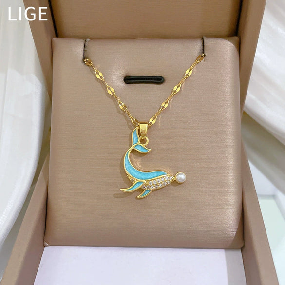 Necklace Stainless Steel Copper Dolphin Pearl Zircon Geometric Light Luxury Elegant Gorgeous Unisex