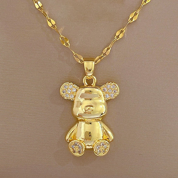 Necklace Stainless Steel Copper Geometric Bear Light Luxury Temperament Gorgeous Full Diamond Allmatch Clavicle Chain Unisex