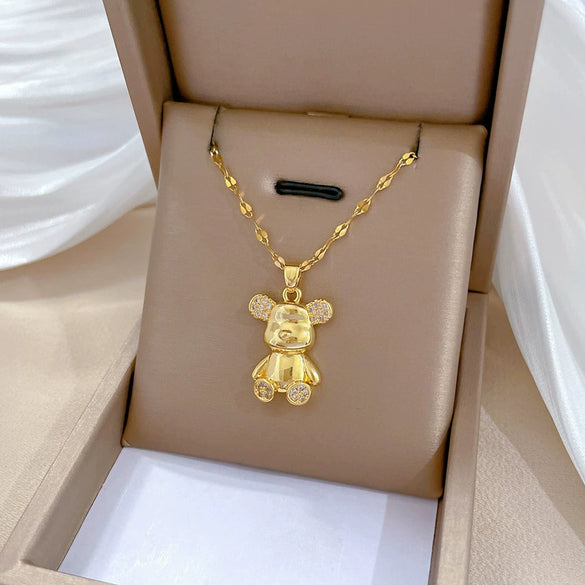 Necklace Stainless Steel Copper Geometric Bear Light Luxury Temperament Gorgeous Full Diamond Allmatch Clavicle Chain Unisex