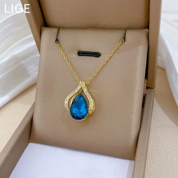 Necklace Stainless Steel Copper Geometric Blue Water Drop Light Luxury Elegant Gorgeous Unisex