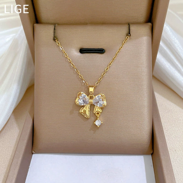 Necklace Stainless Steel Copper Geometric Bow Zircon Light Luxury Temperament Gorgeous Unisex