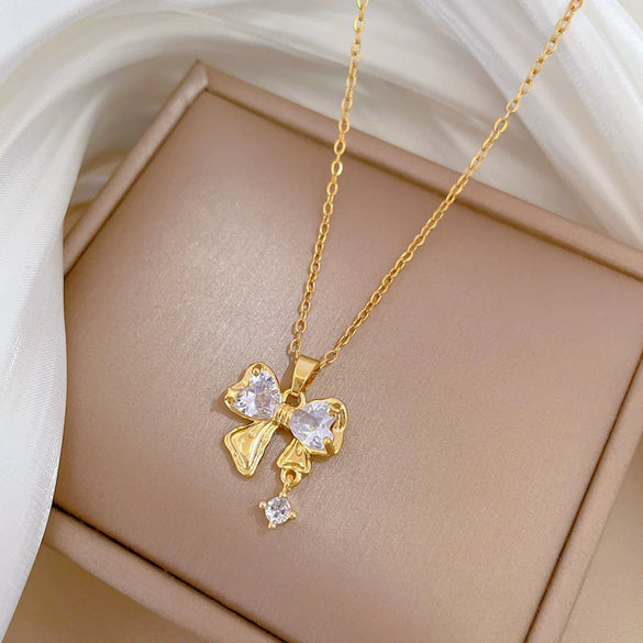 Necklace Stainless Steel Copper Geometric Bow Zircon Light Luxury Temperament Gorgeous Unisex