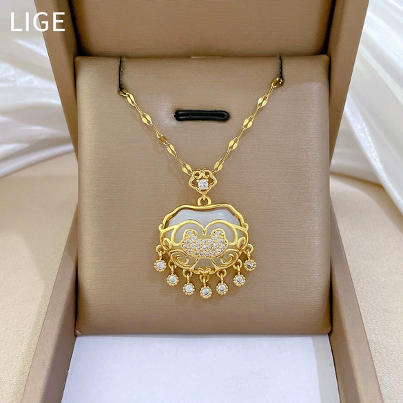 Necklace Stainless Steel Copper Geometric Cartoon Tassel Auspicious Lock Women's