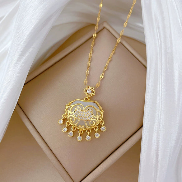 Necklace Stainless Steel Copper Geometric Cartoon Tassel Auspicious Lock Women's