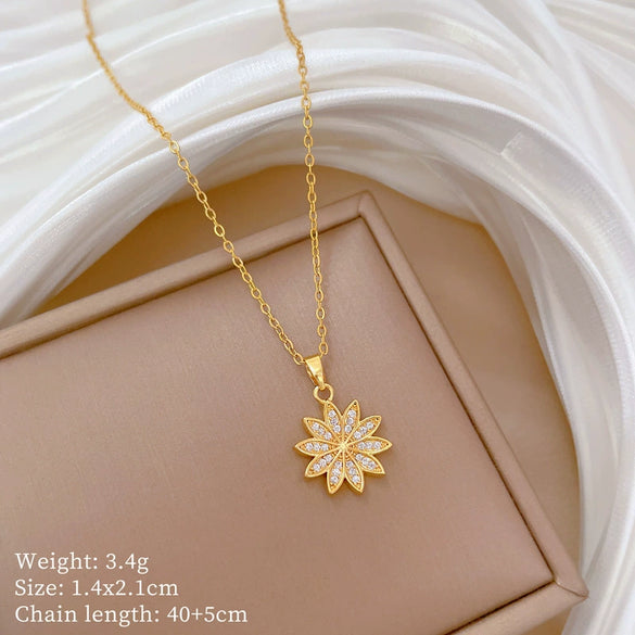 Necklace Stainless Steel Copper Geometric Daisy Flower Full Diamond Light Luxury Temperament Unisex