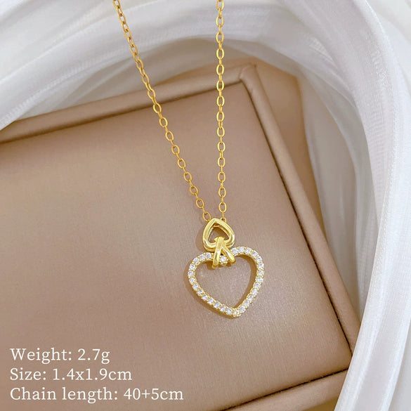 Necklace Stainless Steel Copper Geometric Double Love Full Diamond Light Luxury Elegant Gorgeous Unisex