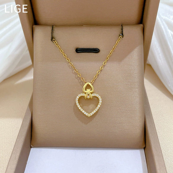 Necklace Stainless Steel Copper Geometric Double Love Full Diamond Light Luxury Elegant Gorgeous Unisex