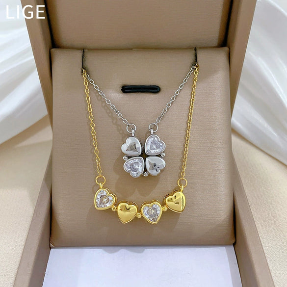 Necklace Stainless Steel Copper Geometric Double Wear Four Leaf Flower Light Luxury Elegant Gorgeous Cartoon Minimalist Unisex