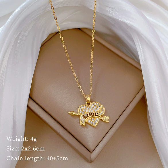 Necklace Stainless Steel Copper Geometric Element Love Full Diamond Light Luxury Temperament Gorgeous Allmatch Clavicle Chain Unisex