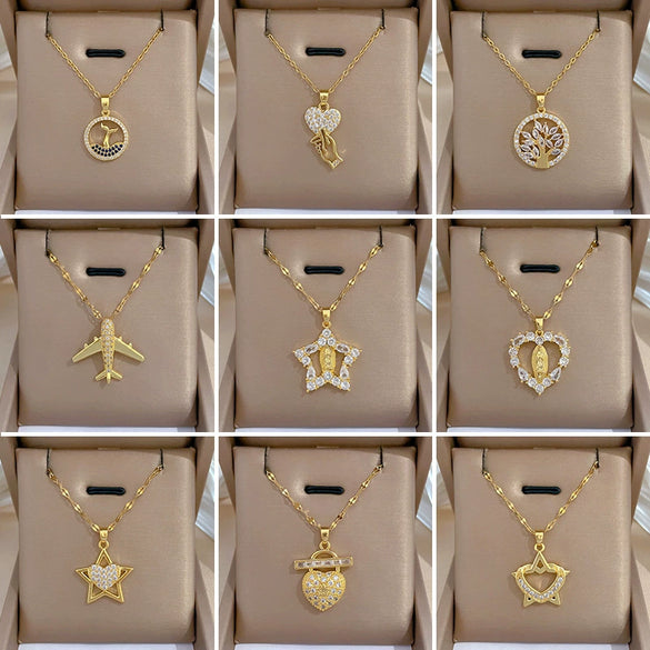 Necklace Stainless Steel Copper Geometric Element Love Full Diamond Light Luxury Temperament Gorgeous Allmatch Clavicle Chain Unisex