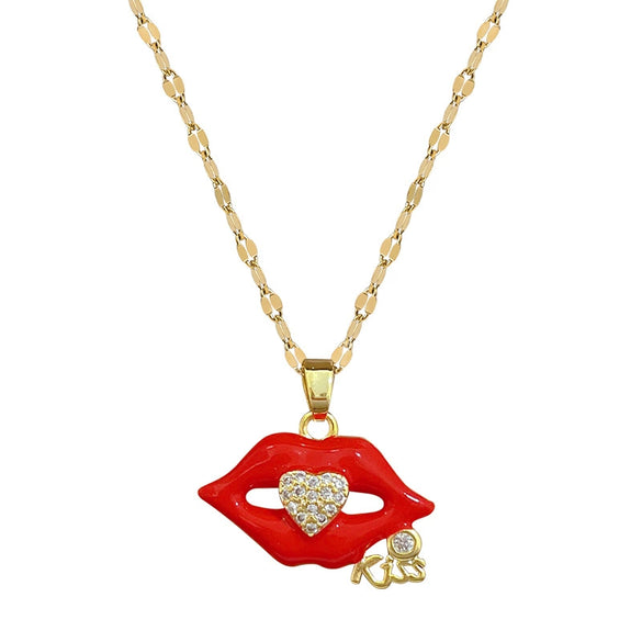 Necklace Stainless Steel Copper Geometric Flame Red Lip Zircon Light Luxury Style