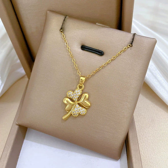 Necklace Stainless Steel Copper Geometric Four Leaf Flower Full Diamond