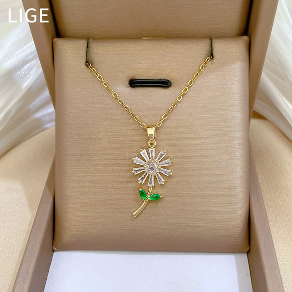 Necklace Stainless Steel Copper Geometric Green Leaf Flower Full Diamond Style