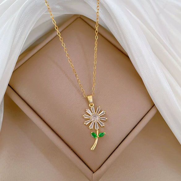 Necklace Stainless Steel Copper Geometric Green Leaf Flower Full Diamond Style