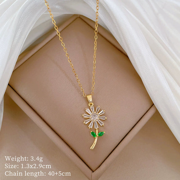 Necklace Stainless Steel Copper Geometric Green Leaf Flower Full Diamond Style