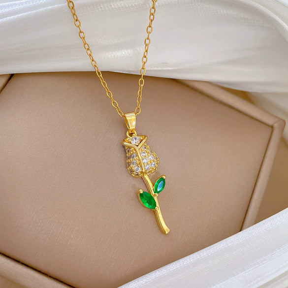 Necklace Stainless Steel Copper Geometric Green Leaf Rose Style Unisex