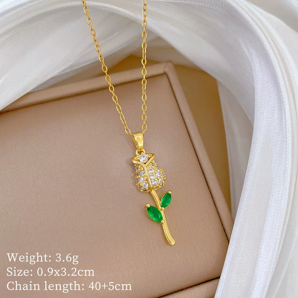Necklace Stainless Steel Copper Geometric Green Leaf Rose Style Unisex