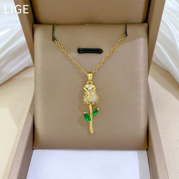 Necklace Stainless Steel Copper Geometric Green Leaf Rose Style Unisex