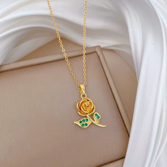 Necklace Stainless Steel Copper Geometric Green Leaf Rose Zircon Light Luxury Elegant Gorgeous Cartoon Minimalist Unisex