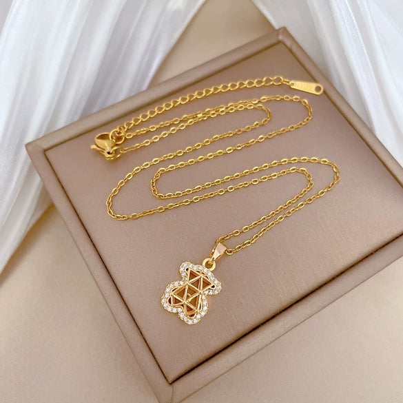 Necklace Stainless Steel Copper Geometric Hollow Bear Full Diamond Women's Allmatch Clavicle Chain Light Luxury Elegant Gorgeous