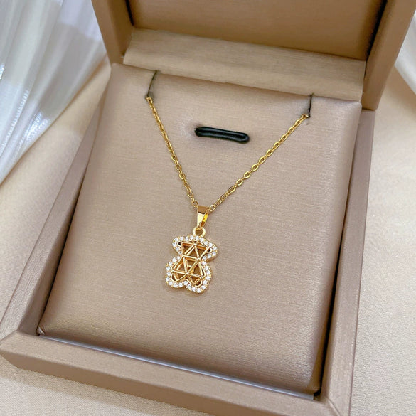Necklace Stainless Steel Copper Geometric Hollow Bear Full Diamond Women's Allmatch Clavicle Chain Light Luxury Elegant Gorgeous