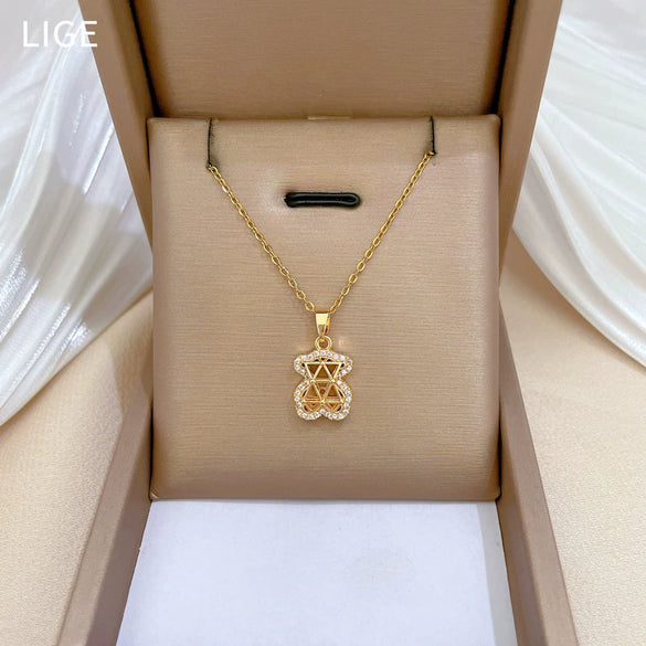 Necklace Stainless Steel Copper Geometric Hollow Bear Full Diamond Women's Allmatch Clavicle Chain Light Luxury Elegant Gorgeous