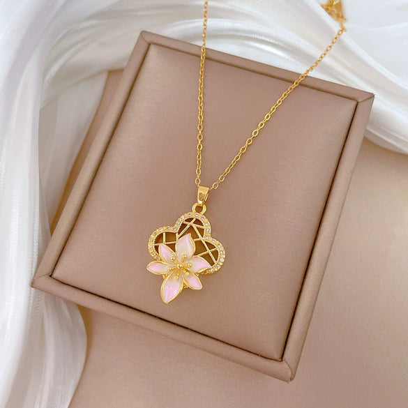 Necklace Stainless Steel Copper Geometric Hollow Oil Dropping Flowers Light Luxury Elegant Gorgeous Allmatch Clavicle Chain Unisex