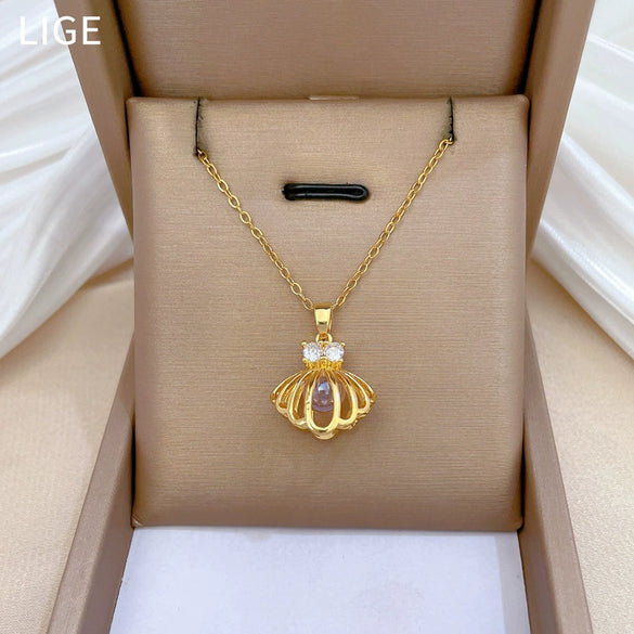 Necklace Stainless Steel Copper Geometric Hollow Shell With Beads Light Luxury Temperament Gorgeous Unisex Allmatch Clavicle Chain