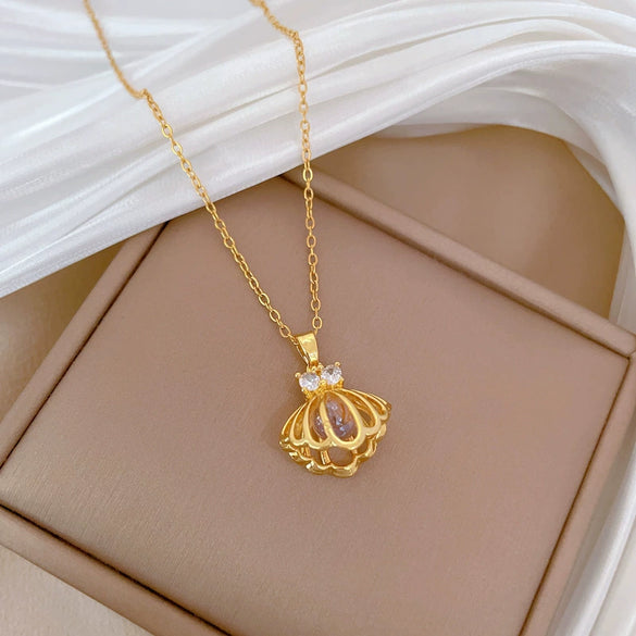 Necklace Stainless Steel Copper Geometric Hollow Shell With Beads Light Luxury Temperament Gorgeous Unisex Allmatch Clavicle Chain