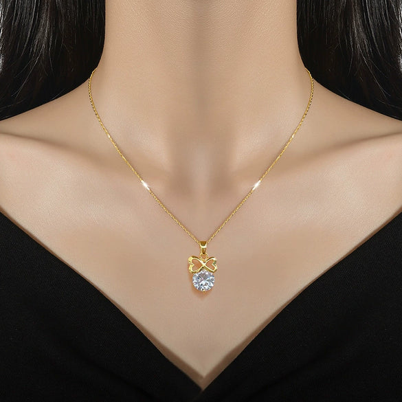 Necklace Stainless Steel Copper Geometric Light Luxury Elegant Bow Full Diamond