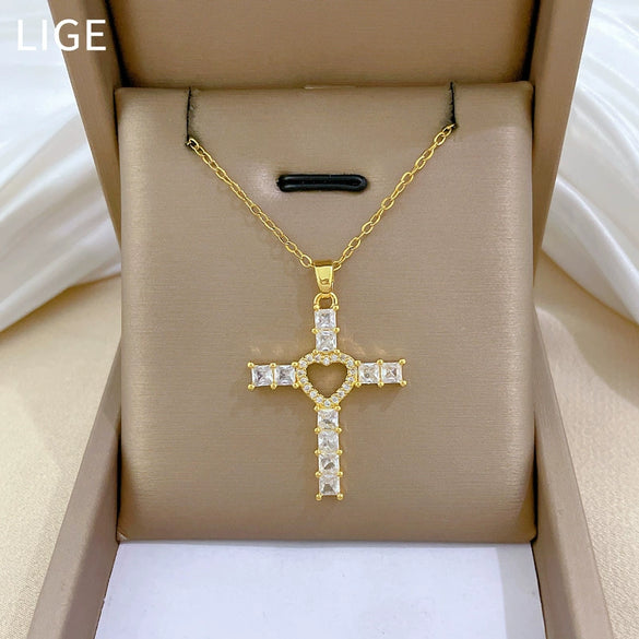 Necklace Stainless Steel Copper Geometric Love Cross Full Diamond Light Luxury Temperament Gorgeous Unisex