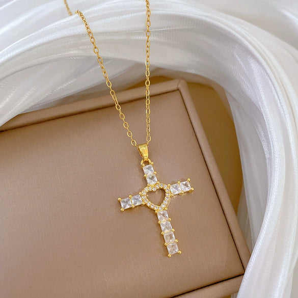 Necklace Stainless Steel Copper Geometric Love Cross Full Diamond Light Luxury Temperament Gorgeous Unisex