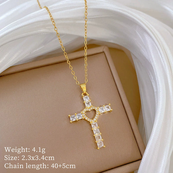 Necklace Stainless Steel Copper Geometric Love Cross Full Diamond Light Luxury Temperament Gorgeous Unisex