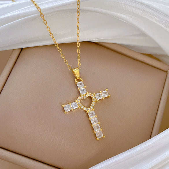 Necklace Stainless Steel Copper Geometric Love Cross Full Diamond Light Luxury Temperament Gorgeous Unisex