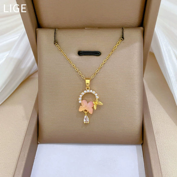 Necklace Stainless Steel Copper Geometric Pearl Butterfly Full Diamond Unisex