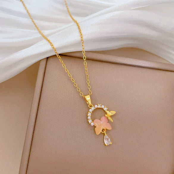 Necklace Stainless Steel Copper Geometric Pearl Butterfly Full Diamond Unisex