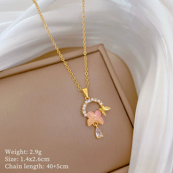 Necklace Stainless Steel Copper Geometric Pearl Butterfly Full Diamond Unisex