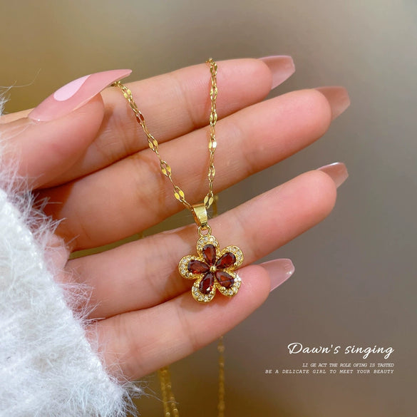 Necklace Stainless Steel Copper Geometric Pomegranate Red Five Leaf Flower Light Luxury Minimalist Unisex