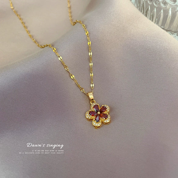 Necklace Stainless Steel Copper Geometric Pomegranate Red Five Leaf Flower Light Luxury Minimalist Unisex