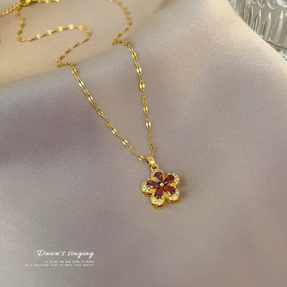 Necklace Stainless Steel Copper Geometric Pomegranate Red Five Leaf Flower Light Luxury Minimalist Unisex