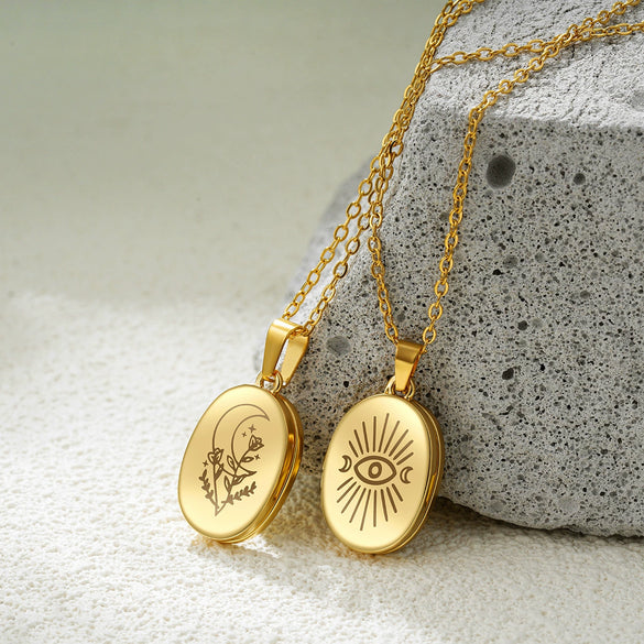 Necklace Stainless Steel Copper Gold Inlaid Oval Openable Photo Album Sun Moon Devil Eye Retro Chic Geometric
