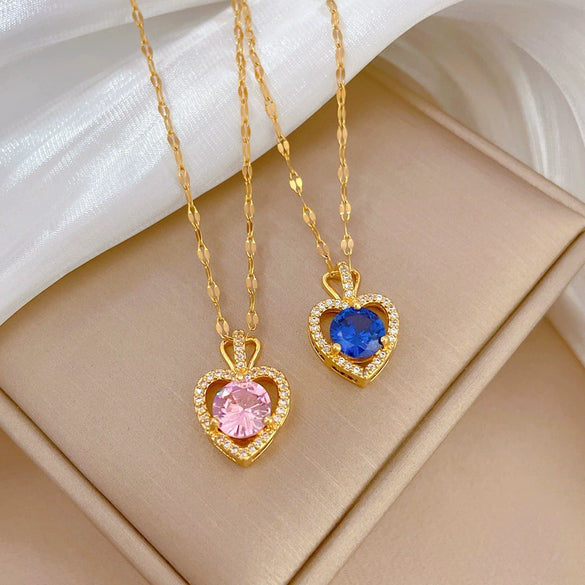 Necklace Stainless Steel Copper Heart Geometric Microencrusted Diamond Electroplated For Women